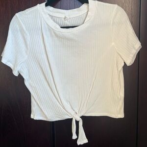 Womens Round Neck Short Sleeve Ribbed Knit Tie Front Cropped Top White Medium